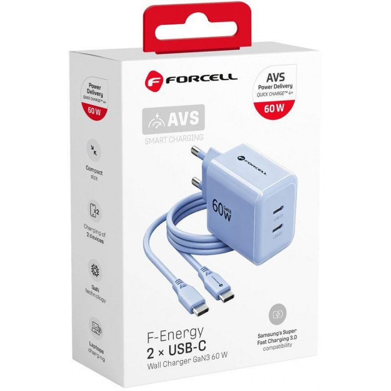 Forcell F-Energy GaN III VT-60 60W PD QC 4.0+ 2x USB-C virtalähde sininen + USB-C-kaapeli