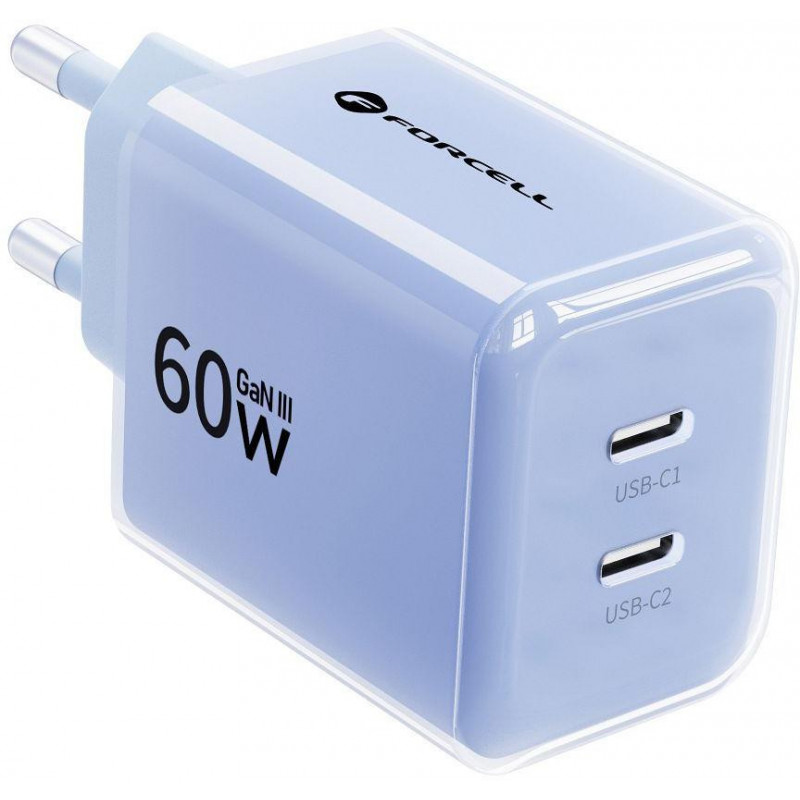 Forcell F-Energy GaN III VT-60 60W PD QC 4.0+ 2x USB-C virtalähde sininen + USB-C-kaapeli