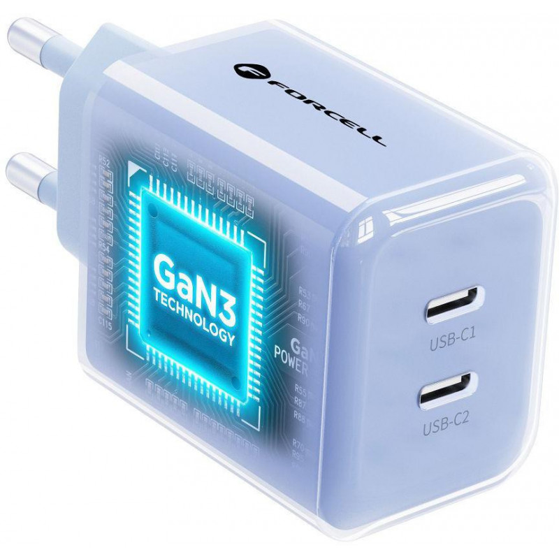 Forcell F-Energy GaN III VT-60 60W PD QC 4.0+ 2x USB-C virtalähde sininen + USB-C-kaapeli