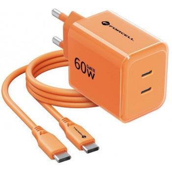 Forcell F-Energy GaN III VT-60 60W PD QC 4.0+ 2x USB-C virtalähde oranssi + USB-C-kaapeli