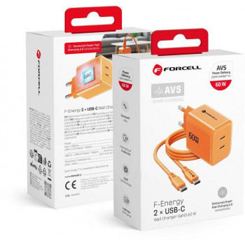 Forcell F-Energy GaN III VT-60 60W PD QC 4.0+ 2x USB-C virtalähde oranssi + USB-C-kaapeli