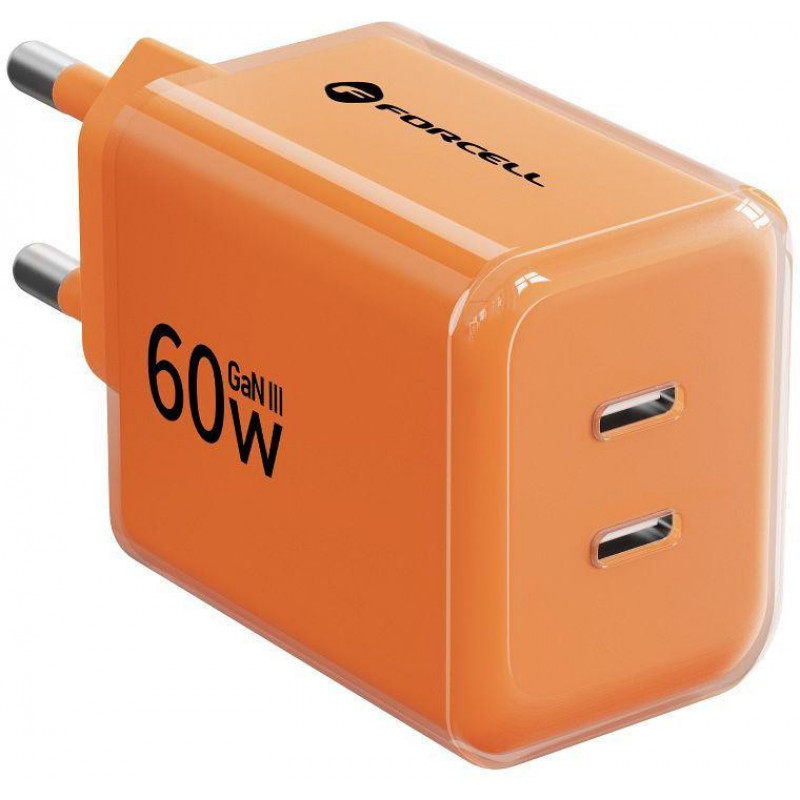 Forcell F-Energy GaN III VT-60 60W PD QC 4.0+ 2x USB-C virtalähde oranssi + USB-C-kaapeli