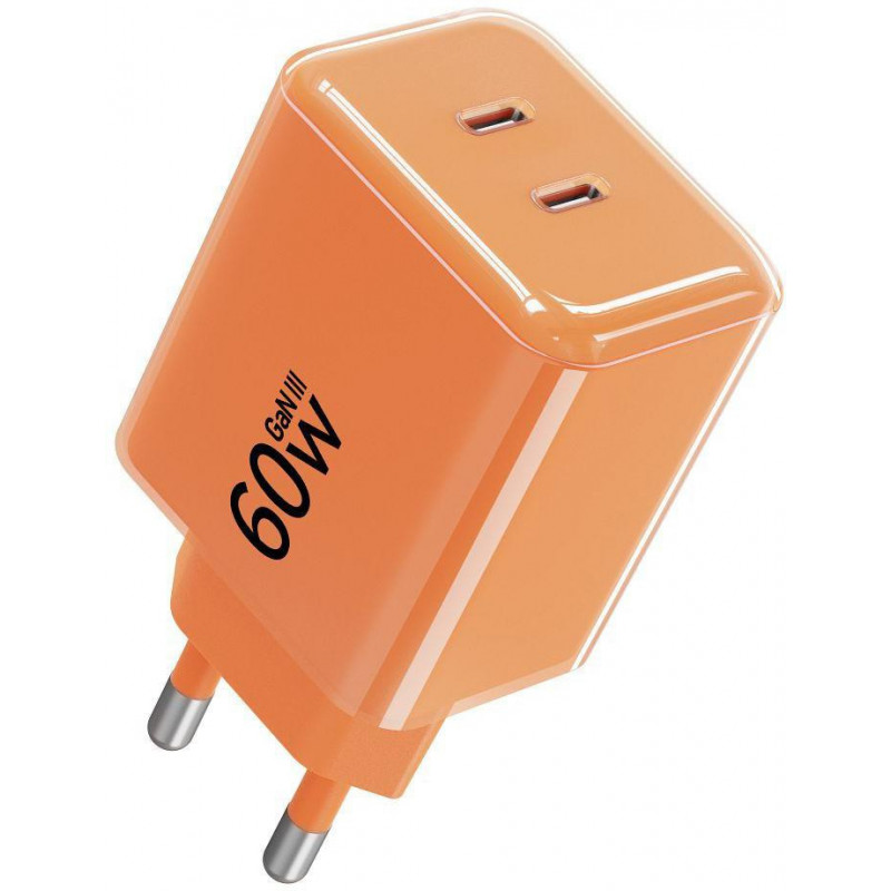 Forcell F-Energy GaN III VT-60 60W PD QC 4.0+ 2x USB-C virtalähde oranssi + USB-C-kaapeli