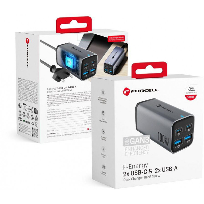 Forcell F-Energy GaN III VT-49 pöytälaturi, 2x USB-C + 2x USB-A, PD, QC 4.0, 100 W, harmaa