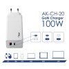 Seinä laturi Akyga AK-CH-20 100W USB-C USB-A PD GaN 5-20V / 1.5-5A valkoinen