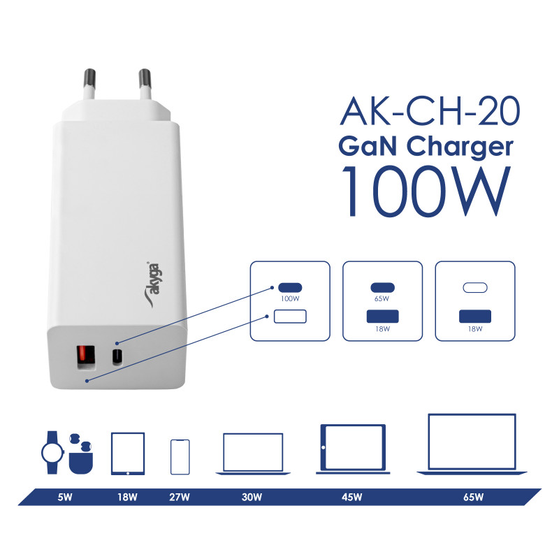 Seinä laturi Akyga AK-CH-20 100W USB-C USB-A PD GaN 5-20V / 1.5-5A valkoinen