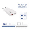 Seinä laturi Akyga AK-CH-27 30W USB-C USB-A PD GaN 5-20V / 1.5-3A valkoinen