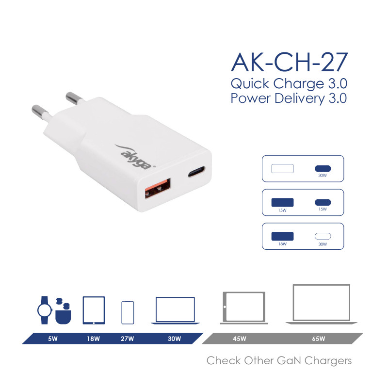 Seinä laturi Akyga AK-CH-27 30W USB-C USB-A PD GaN 5-20V / 1.5-3A valkoinen