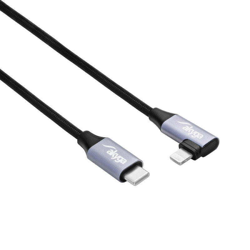 Akyga AK-USB-56 punottu USB-C - Lightning -kaapeli kulmaliittimellä, USB 2.0, 30 W, 1 m, musta