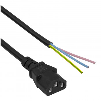 Akyga AK-OT-02A virtakaapeli IEC C13 avoin pää, CCA 3 x 0,5 mm², 1,5 m, musta