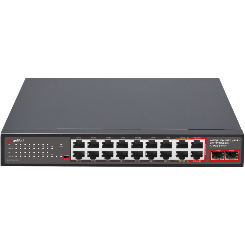 Getfort GF-120G-16P-240 PoE-kytkin, 16 x 10/100 PoE + 2 x GE + 2 x SFP, 240 W