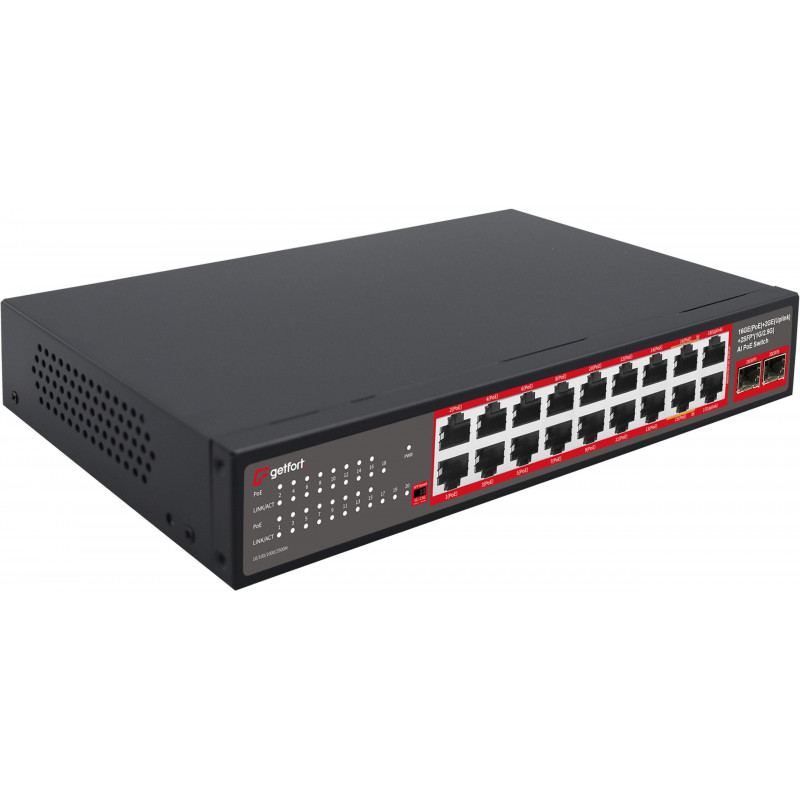 Getfort GF-220G-16P-240 PoE-kytkin, 16 x GE PoE + 2 x GE + 2 x SFP, 240 W