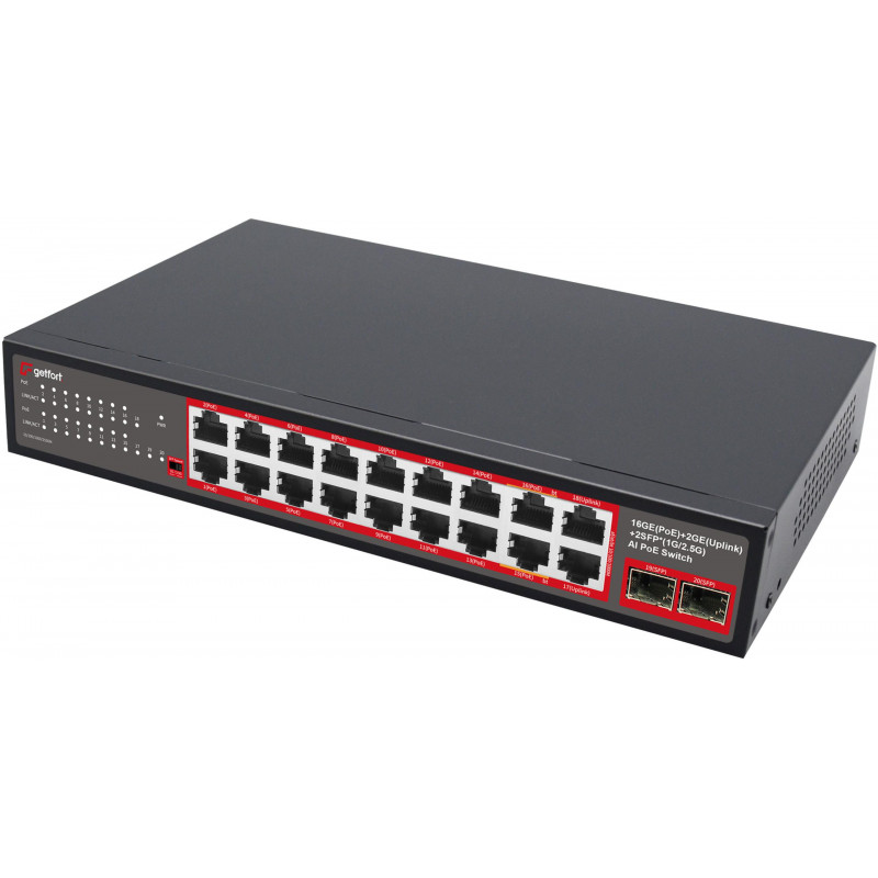 Getfort GF-220G-16P-240 PoE-kytkin, 16 x GE PoE + 2 x GE + 2 x SFP, 240 W