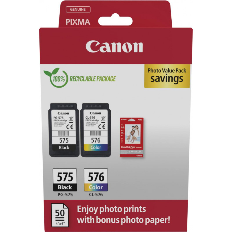 Canon PG-575/CL-576 Photo Value Pack, musta + värillinen mustekasetit (2 kpl) valokuvapaperilla