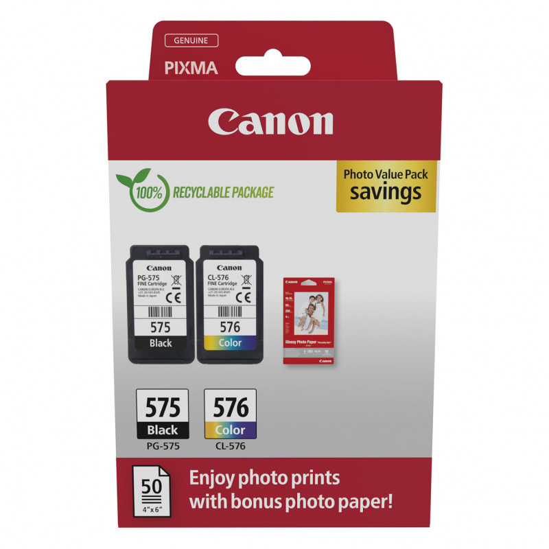 Canon PG-575/CL-576 Photo Value Pack, musta + värillinen mustekasetit (2 kpl) valokuvapaperilla