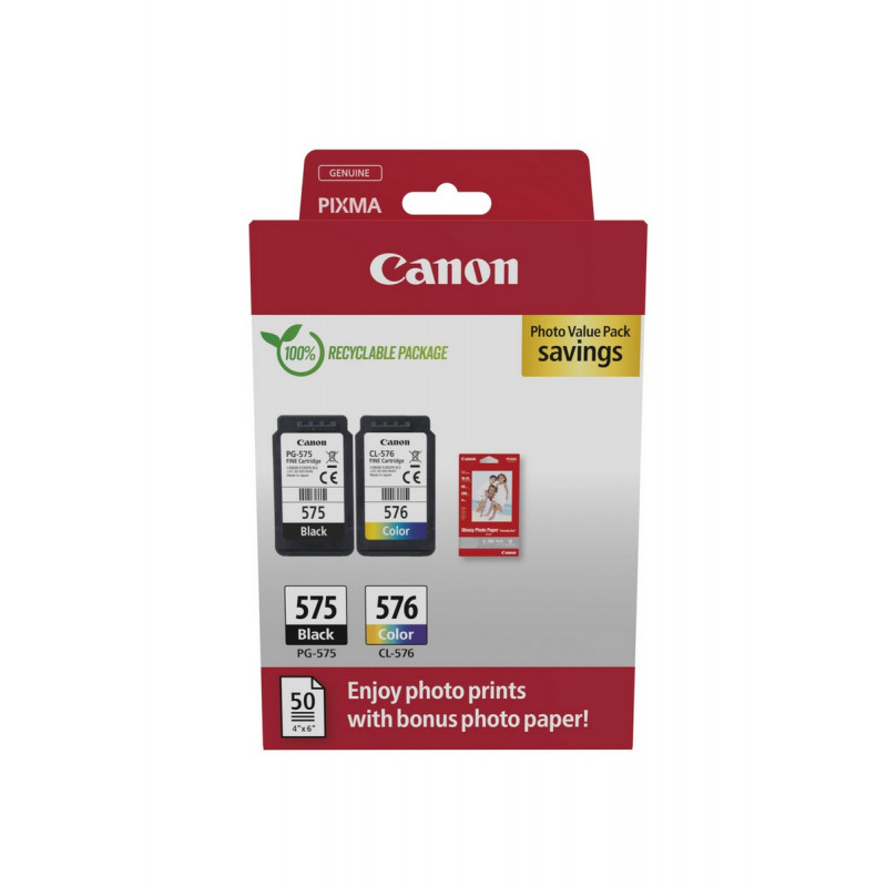 Canon PG-575/CL-576 Photo Value Pack, musta + värillinen mustekasetit (2 kpl) valokuvapaperilla