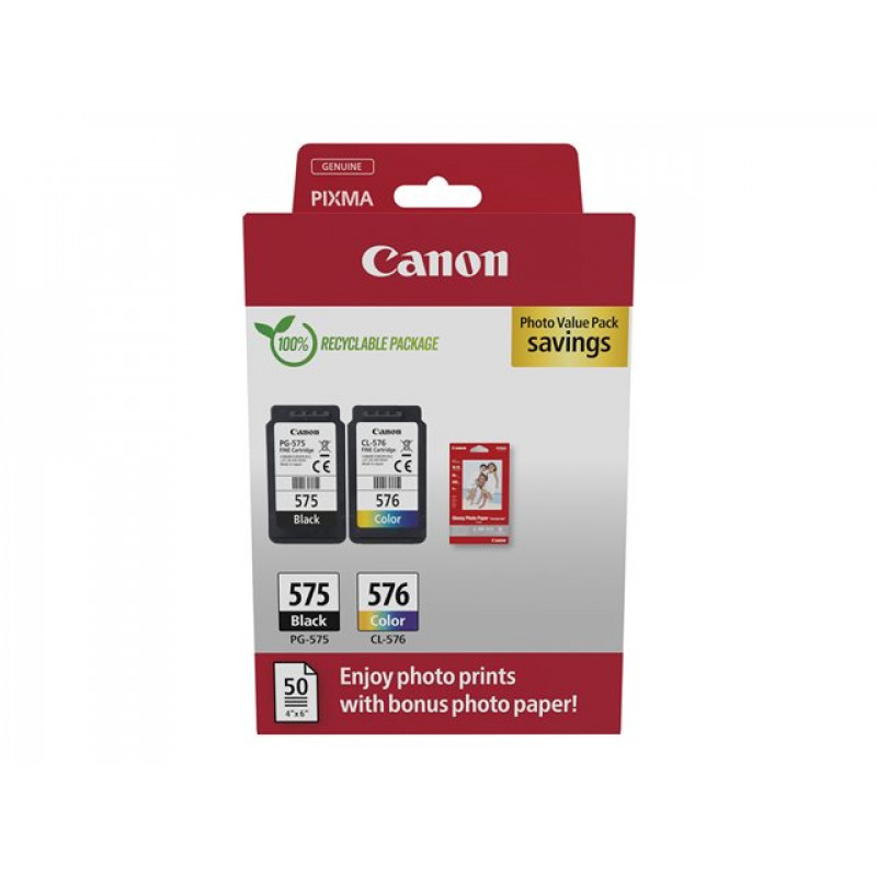 Canon PG-575/CL-576 Photo Value Pack, musta + värillinen mustekasetit (2 kpl) valokuvapaperilla