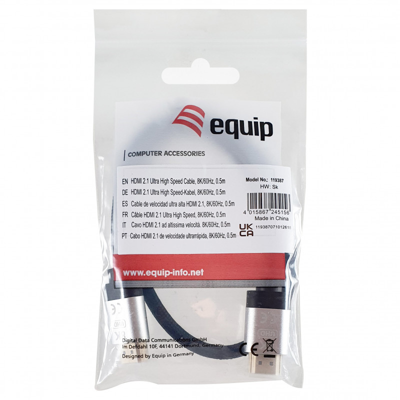 Equip 119387 HDMI 2.1 Ultra High Speed -kaapeli Ethernetillä, 48 Gbps, 8K/60 Hz, musta, 0,5 m
