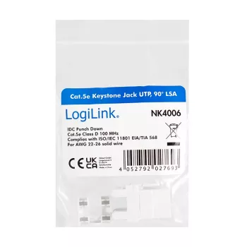 LogiLink NK4006 RJ45 keystone-moduuli, Cat.5e UTP, 90° puristusliitäntä, valkoinen