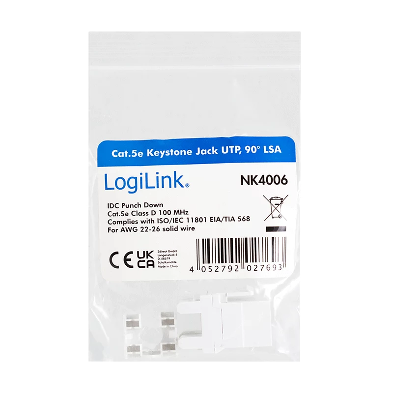 LogiLink NK4006 RJ45 keystone-moduuli, Cat.5e UTP, 90° puristusliitäntä, valkoinen