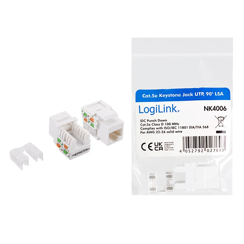 LogiLink NK4006 RJ45 keystone-moduuli, Cat.5e UTP, 90° puristusliitäntä, valkoinen