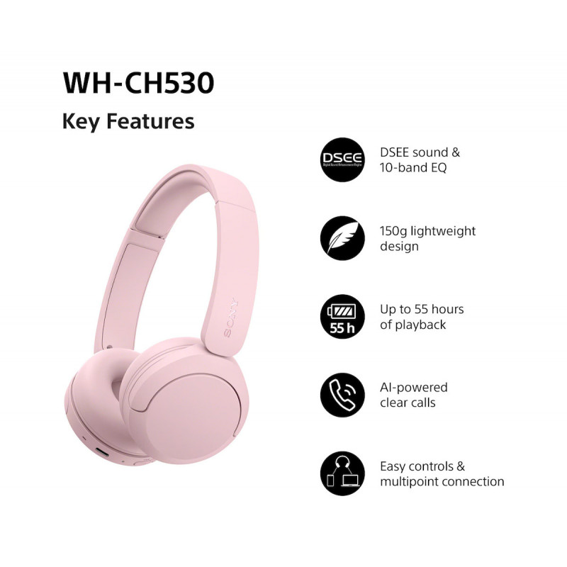 Sony WH-CH530 korvien päälle asettuvat Bluetooth-kuulokkeet mikrofonilla, melunvaimennus, vaaleanpunainen