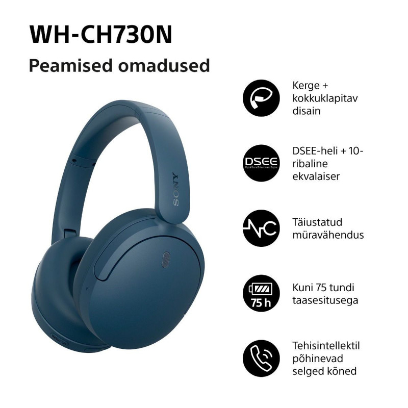 Sony WH-CH730N korvat peittävät Bluetooth-kuulokkeet mikrofonilla, sininen