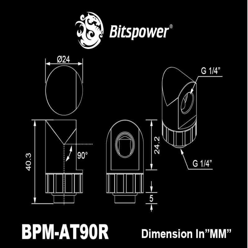 Bitspower Artemis BPM-AT90R-SL 90° kiertyvä liitin, hiekkapuhallettu hopea