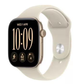 Apple Watch Series 12 GPS älykello, 42 mm, vaaleankultainen alumiinikotelo, hiekanvärinen Sport-ranneke S/M