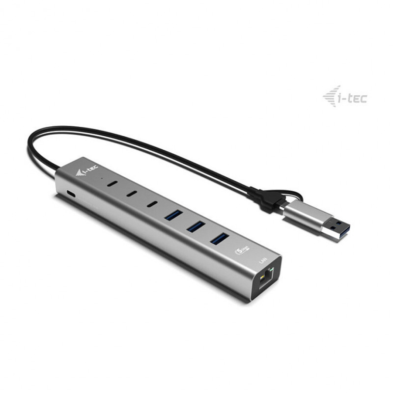 i-tec CAHUBMETAL6LANPD USB-C/USB-A metallinen keskitin, 6 porttia, Gigabit LAN, Power Delivery 85 W, hopea