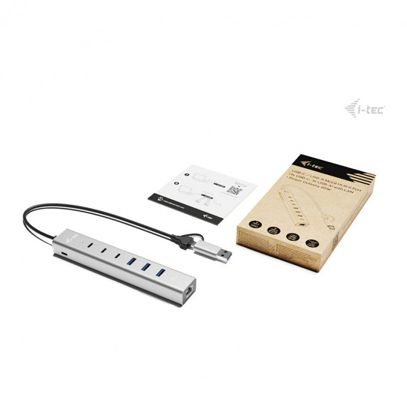 i-tec CAHUBMETAL6LANPD USB-C/USB-A metallinen keskitin, 6 porttia, Gigabit LAN, Power Delivery 85 W, hopea