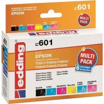 Edding EDD-601 mustekasetit Epson Stylus Photo P50 -tulostimeen, yhteensopivat, monipakkaus musta + syaani + magenta + valokuvasyaani + valokuvamagenta (6 kpl)