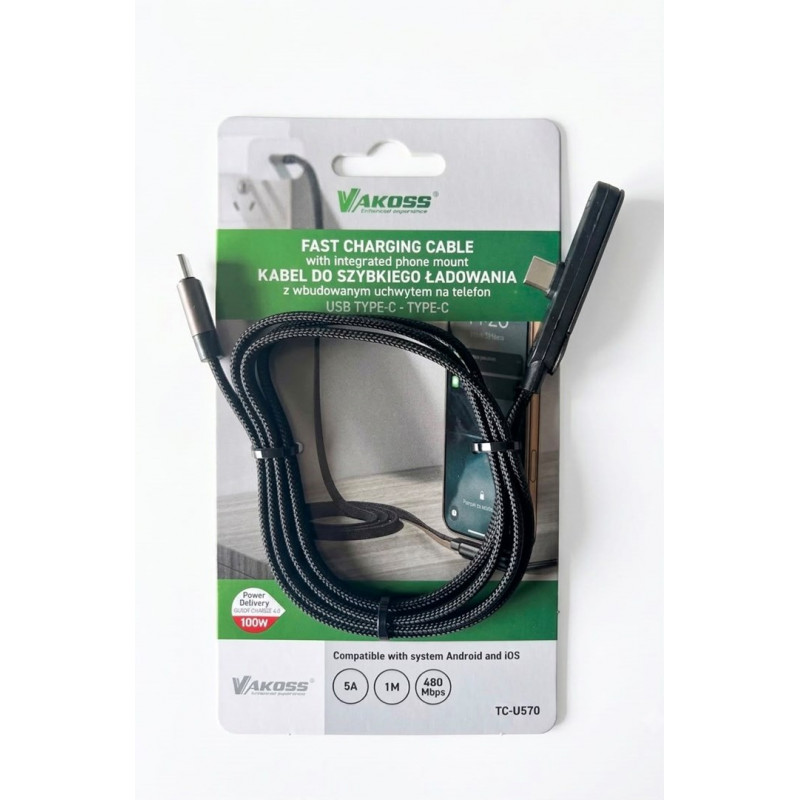 Vakoss TC-U570 USB-C–USB-C-kaapeli telinetoiminnolla, 100 W, 1 m, musta