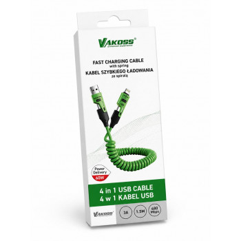 Vakoss MLU680G 4-in-1-kaapeli, 1,5 m, 60 W, 3 A, QC/PD, vihreä