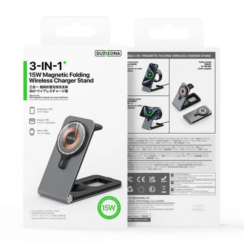 Duzzona W22 3-in-1 magneettinen langaton laturi, harmaa