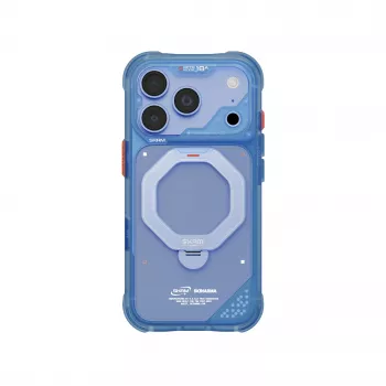 Skinarma Saturn Skin000483 -suojakuori MagSafe ja RotatingKick Stand iPhone 18 Pro / 17 Pro -puhelimelle, sininen
