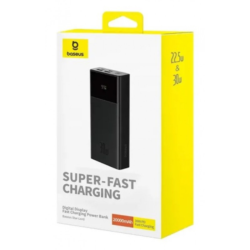 Baseus Star-Lord varavirtalähde, 20000 mAh, 30 W, näytöllä ja kaapelilla, musta