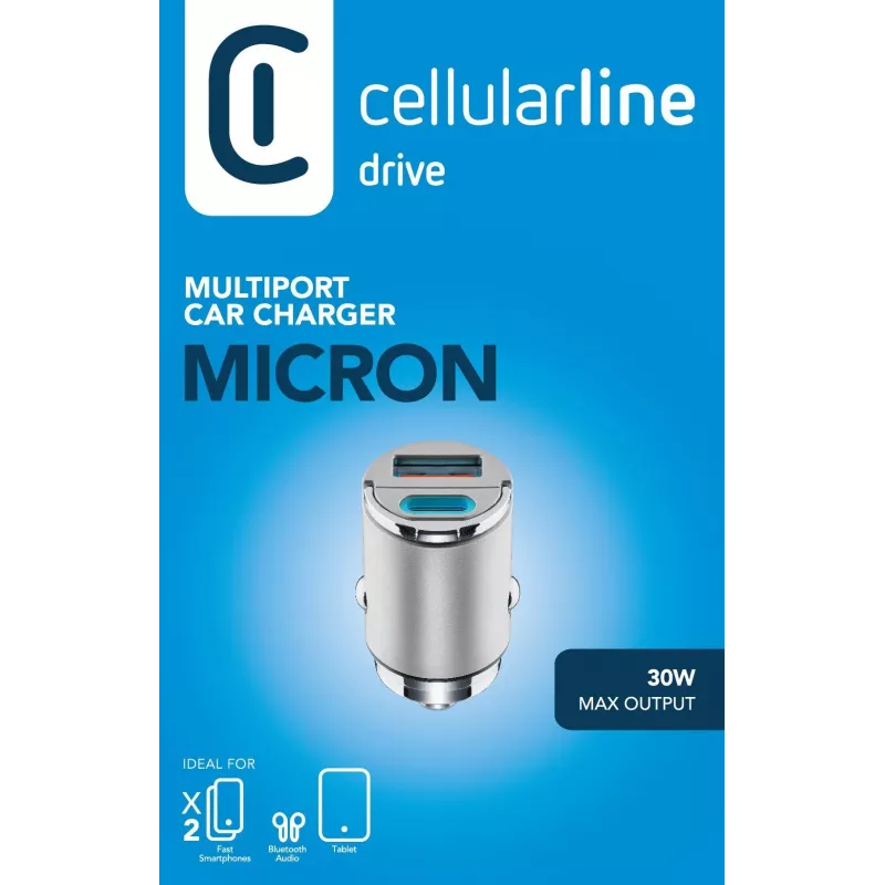 Cellularline Micron 30 W autolaturi, moniporttinen USB-C/USB-A