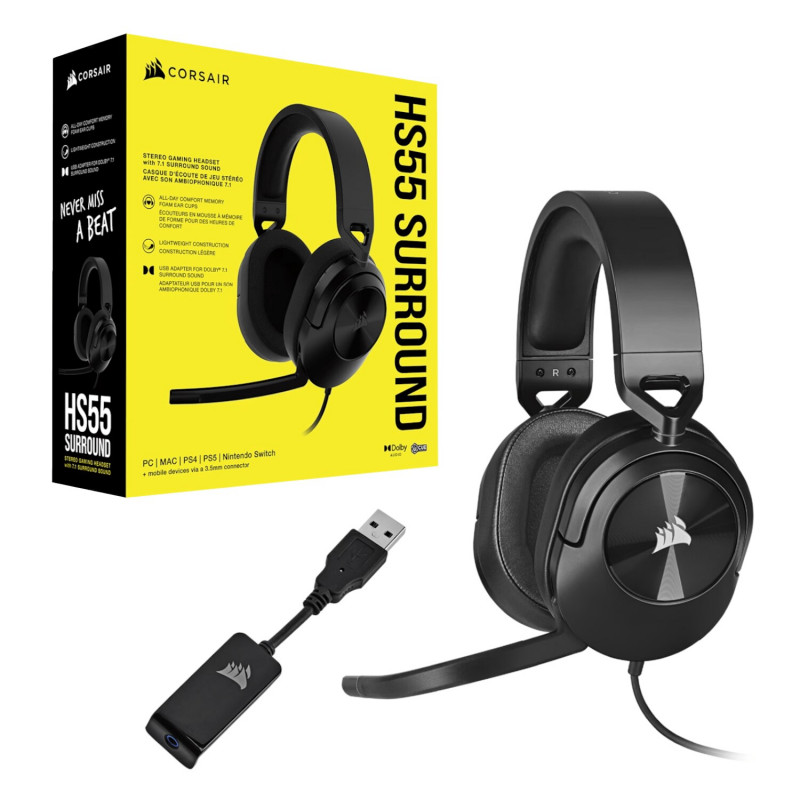 Corsair HS55 Surround CA-9011260-AP langallinen pelikuuloke mikrofonilla, Dolby Audio 7.1, hiilenmusta