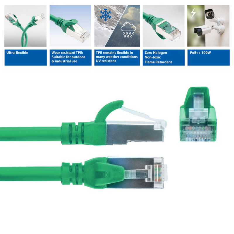 ACT FC2703 S/FTP CAT6A kytkentäkaapeli, 3 m, TPE, erittäin joustava, takertumaton, RJ45-liittimet, vihreä