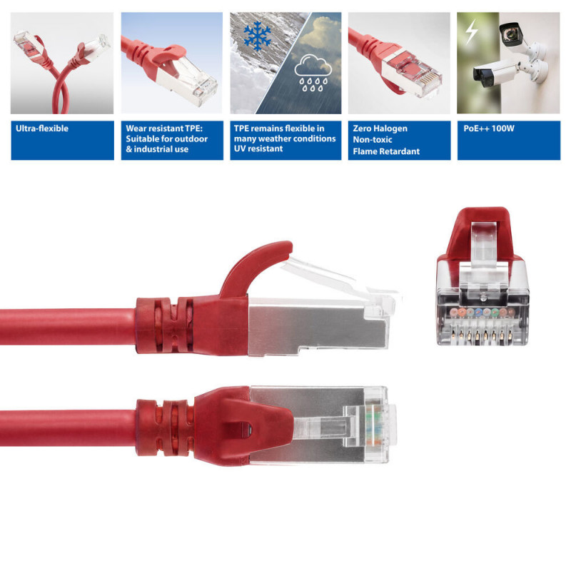 ACT FC2552 erittäin joustava CAT6A S/FTP kytkentäkaapeli, 0,25 m, TPE, RJ45, takertumaton, punainen