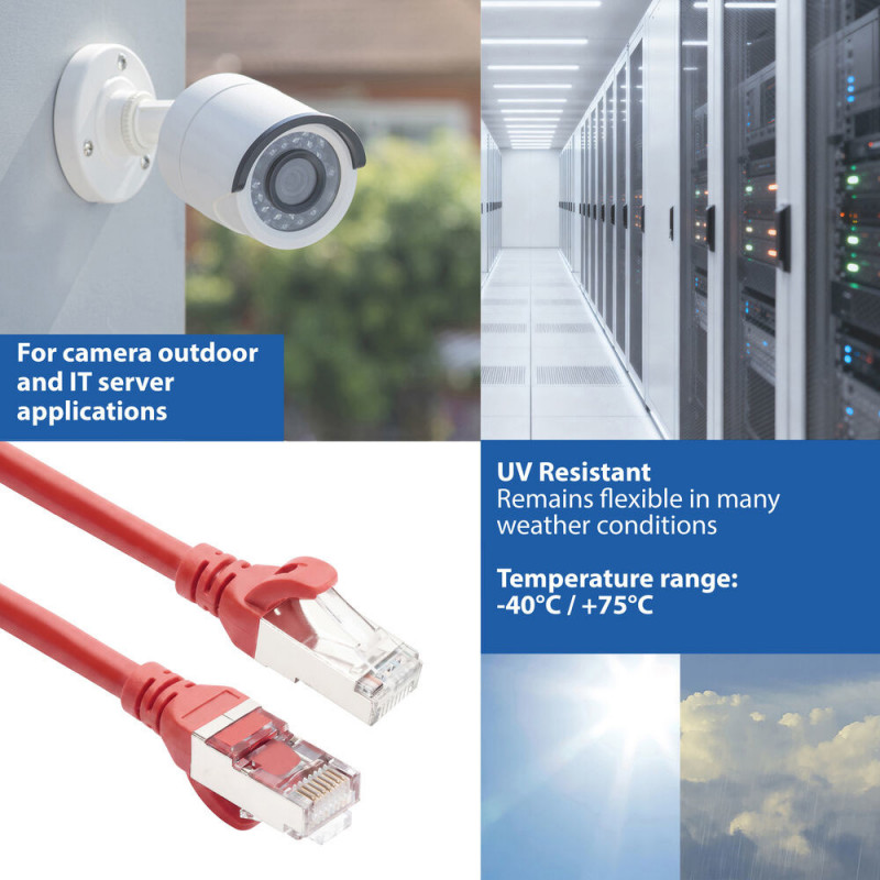 ACT FC2552 erittäin joustava CAT6A S/FTP kytkentäkaapeli, 0,25 m, TPE, RJ45, takertumaton, punainen
