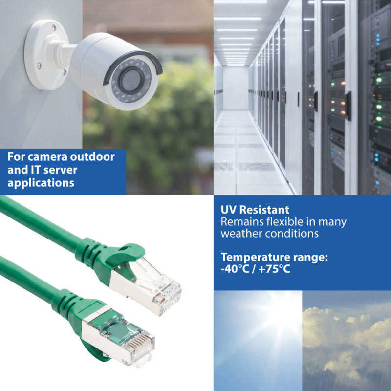 ACT FC2715 erittäin joustava S/FTP CAT6A kytkentäkaapeli, 15 m, TPE, takertumattomat RJ45-liittimet, vihreä