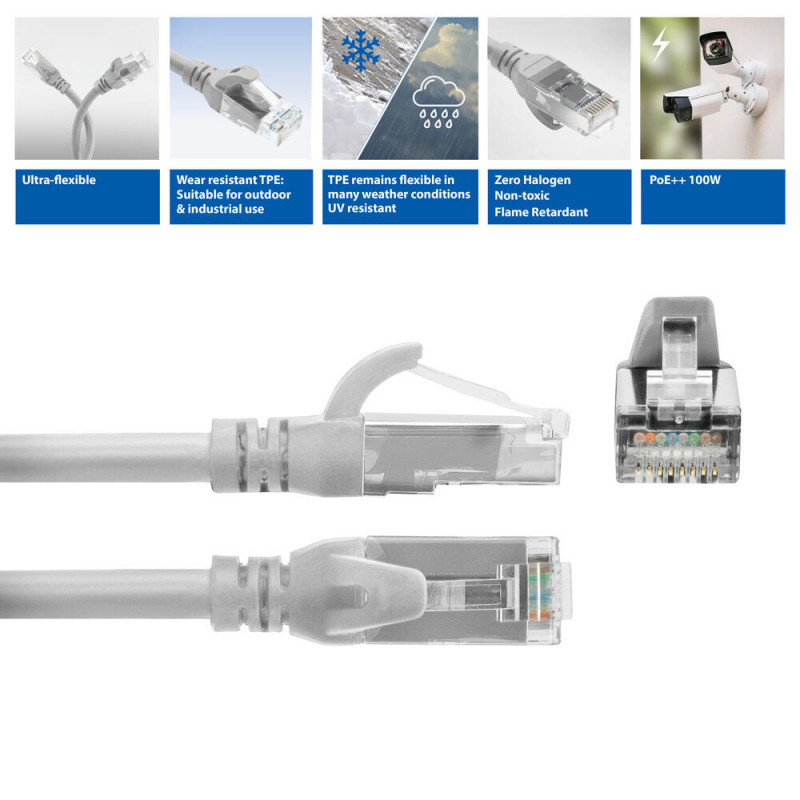 ACT FC1005 erittäin joustava kytkentäkaapeli, U/UTP CAT6A, TPE, takertumaton RJ45, 5 m, harmaa