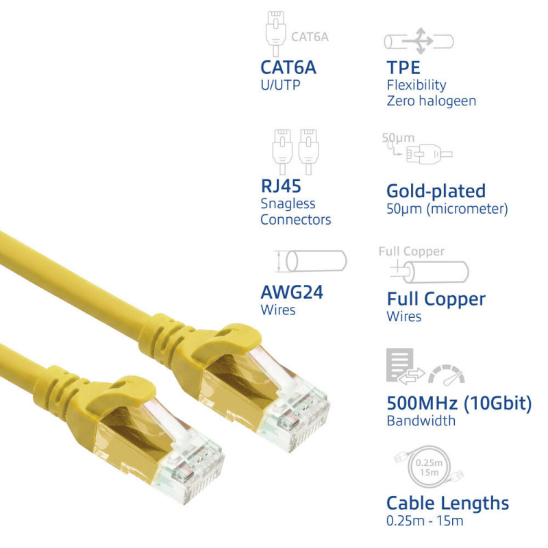 ACT FC1801 U/UTP CAT6A TPE erittäin joustava kytkentäkaapeli RJ45-liittimillä, 1 m, keltainen