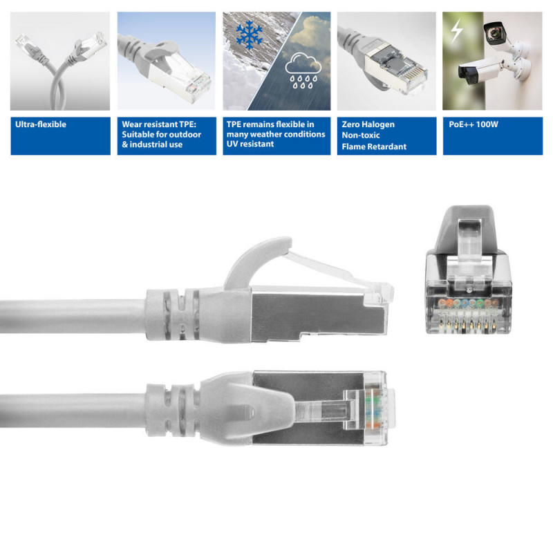 ACT FC2001 CAT6A S/FTP erittäin joustava kytkentäkaapeli, 1 m, TPE, takertumattomat RJ45, harmaa