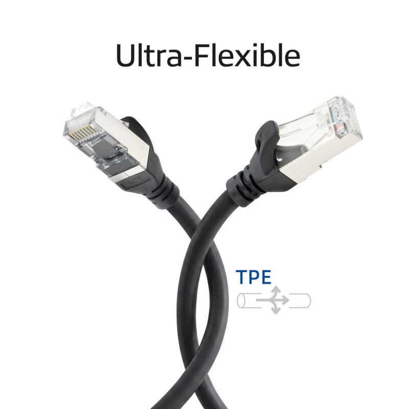 ACT FC2901 S/FTP CAT6A erittäin joustava kytkentäkaapeli, TPE, takertumista estävät RJ45-liittimet, 1 m, musta