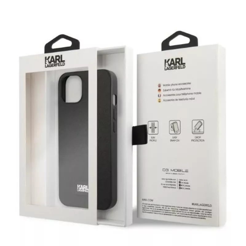 Karl Lagerfeld KLHCP13MSFMP2K kova kotelo iPhone 13 / 14 / 15, Saffiano Plaque, musta