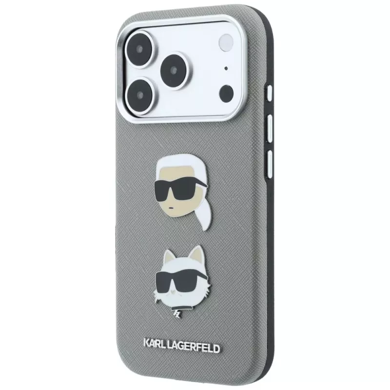 Karl Lagerfeld Saffiano-kotelo Karl & Choupette Heads Pins & Logo, iPhone 18 Pro Max / 17 Pro Max -puhelimille, harmaa