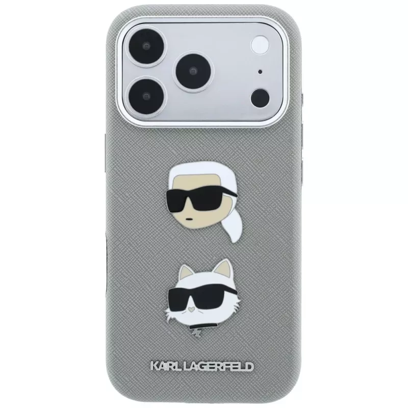 Karl Lagerfeld Saffiano-kotelo Karl & Choupette Heads Pins & Logo, iPhone 18 Pro Max / 17 Pro Max -puhelimille, harmaa